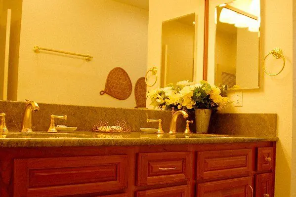 Bathroom vanity with stone counter and wood cabinetry